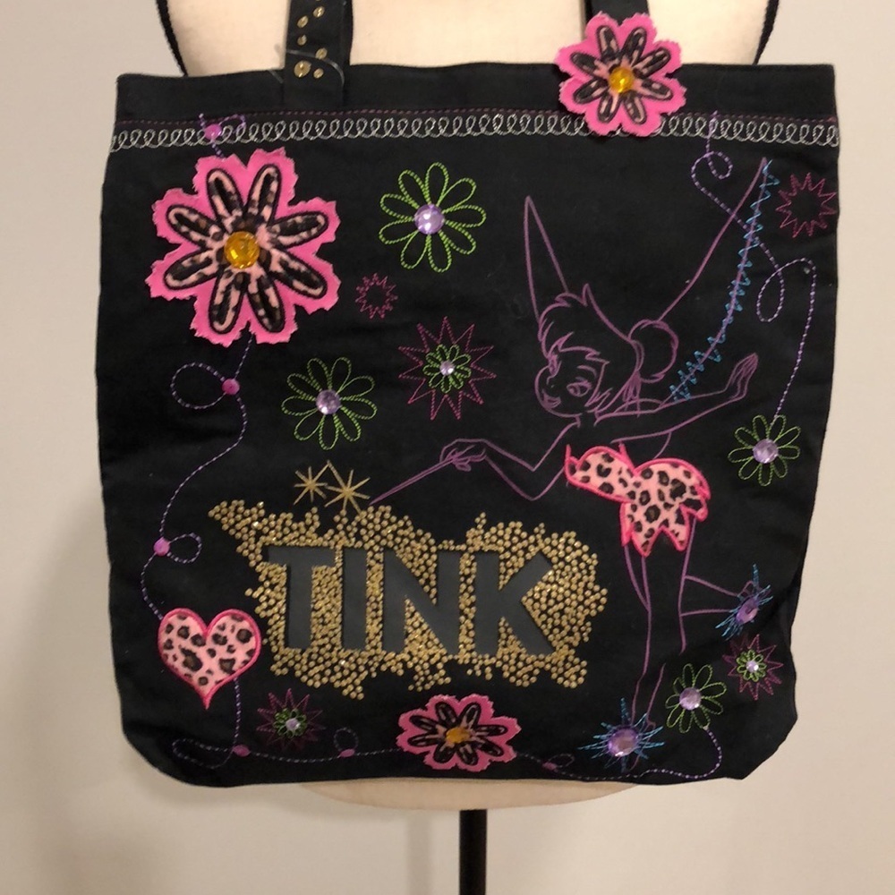 Tinker bell Peter Pan Disney large shopping bag tote black NWT floral embroidery